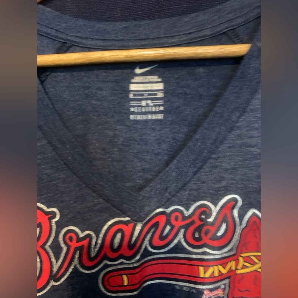 Nike Navy V-Neck Braves Graphic Tee with Red and White Accents